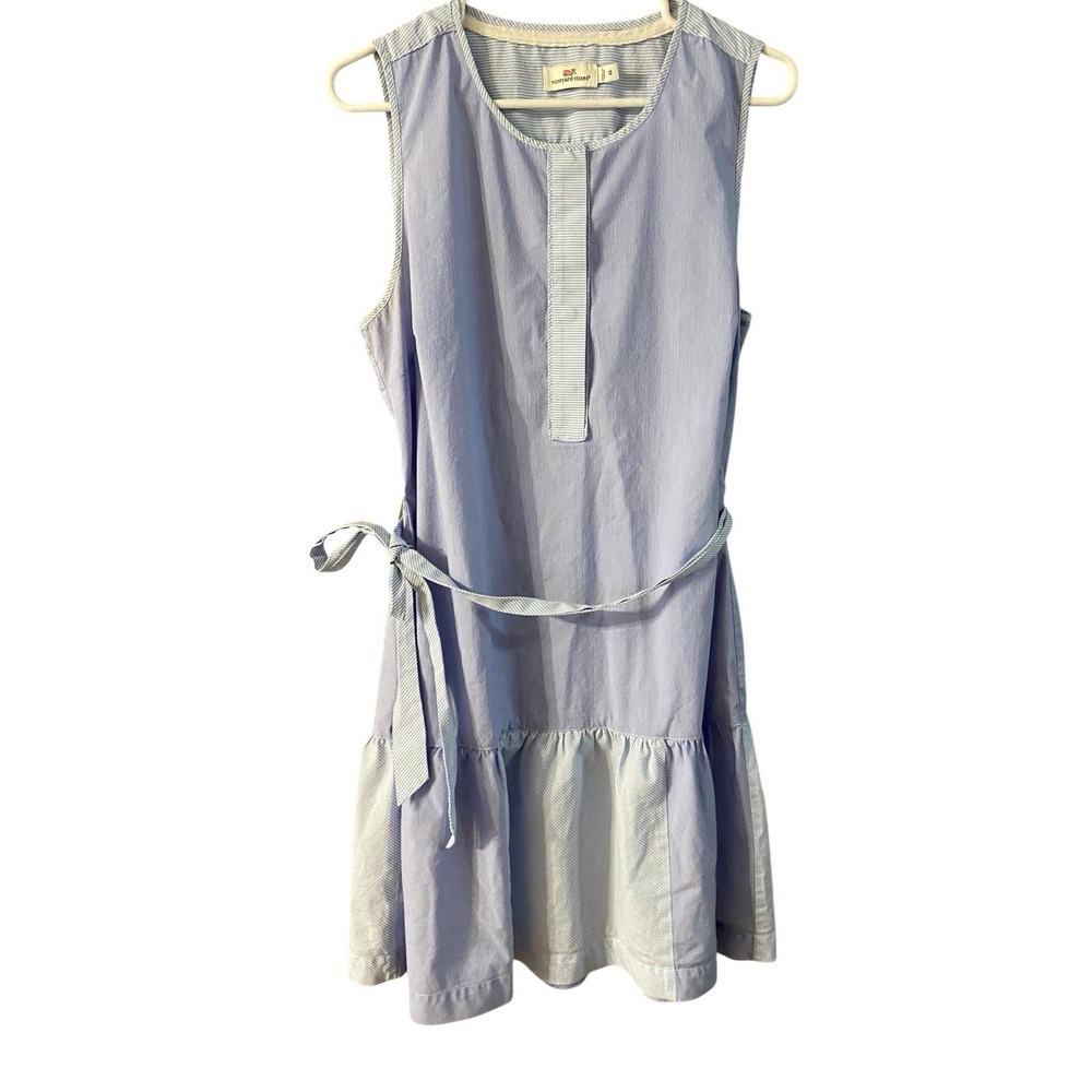 Vineyard Vines Womens Dress Size 12 Blue Striped Sleeveless Tie Waist Ruffle Hem